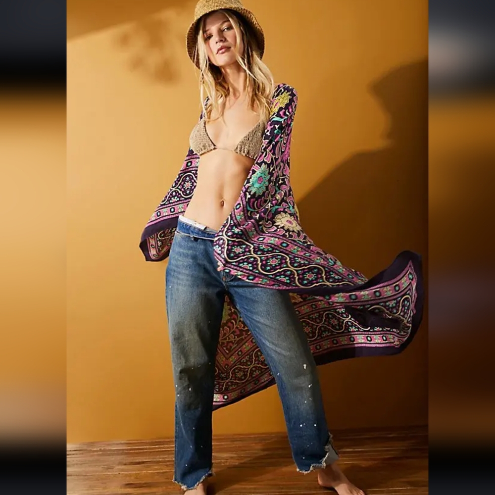 Free People OS Magic Dance Border Print Duster Rare Plum Combo Kimono Bohemian